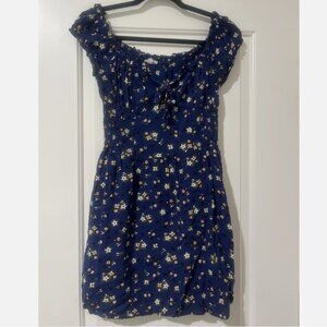 Rebellion L Off Shoulder Dark Blue Yellow Red Tie Front Mini Short Dress Floral
